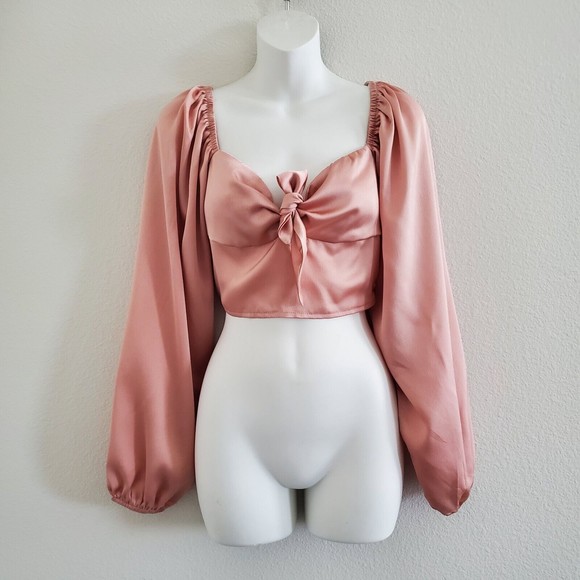 Princess Polly Tops - Princess Polly Estee Blouse Cropped Smocked 4 Pink Satin Balloon Sleeve Tie